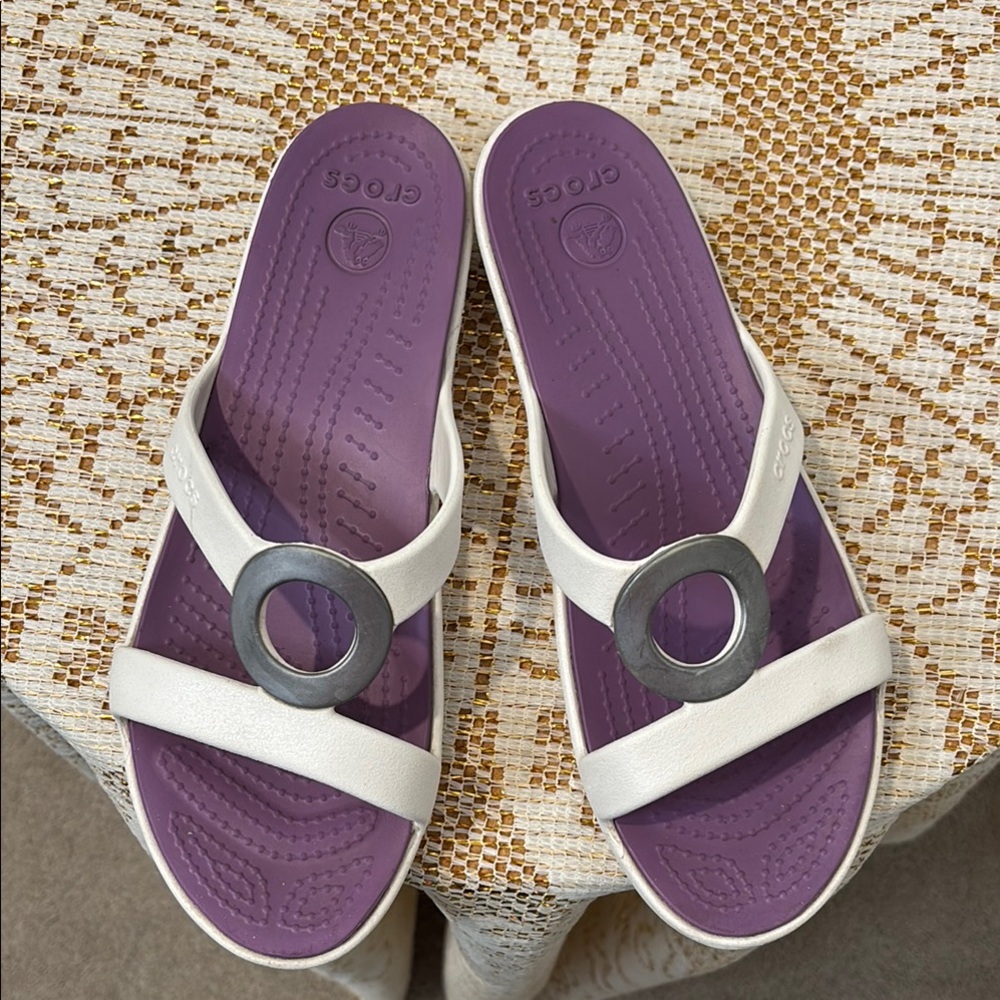 CROCS White Strap Sandals with Purple Footbed